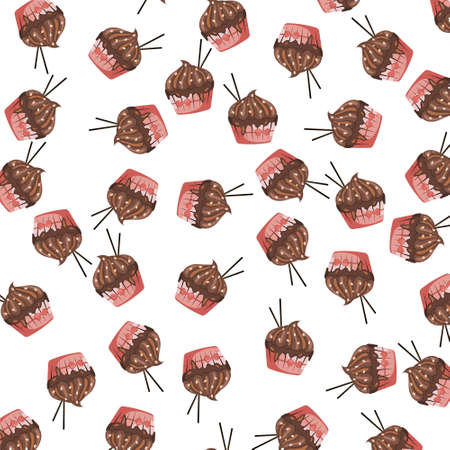 Background with cupcake with chocolate cream and chocolate sticks on white background. Cute repeated texture menu. Muffin pattern. Sweets concept. Design for packaging, brochure. Vector illustration.のイラスト素材