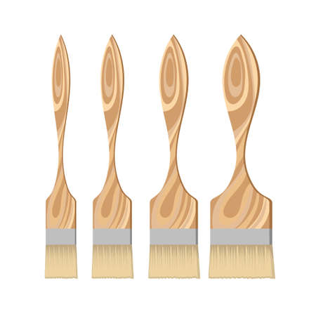 Set of industrial brushes with a wooden handle on white background. Paint brush for working with paints during repair or construction. Set of 4 clean brushes isolated on white. Vector illustration.のイラスト素材