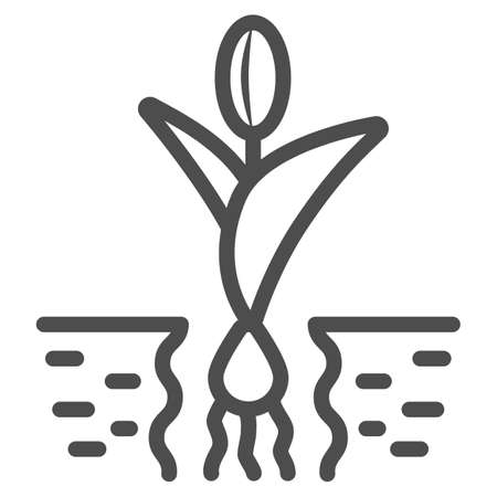 Flower in soil line icon, Garden and gardening concept, tulip grows sign on white background, plant with roots in soil icon in outline style for mobile concept, web design. Vector graphics.のイラスト素材