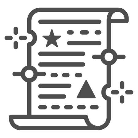 Spell on papyrus line icon, Halloween concept, Old manuscript parchment paper with text sign on white background, magic papyrus icon in outline style for mobile, web design. Vector graphics.のイラスト素材