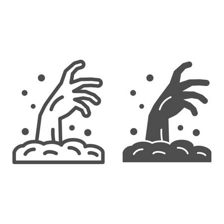 Zombie hand line and solid icon, Halloween concept, Hand in ground sign on white background, Zombie hand rising out of ground icon in outline style for mobile concept and web design. Vector graphics.のイラスト素材