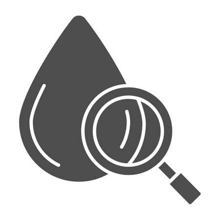 Blood drop under magnifier solid icon, Medical tests concept, Blood test sign on white background, drop of blood with magnifying glass icon in glyph style for mobile. Vector graphics.のイラスト素材