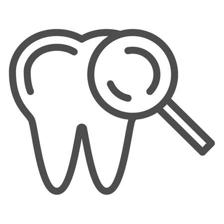 Tooth examination line icon, Medical tests concept, healthy teeth with magnifying glass sign on white background, Tooth under magnifier icon in outline style for mobile. Vector graphics.のイラスト素材