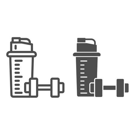 Protein shake and Dumbbell line and solid icon, Gym concept, Protein shaker sign on white background, Sport shaker bottle with dumbbell icon in outline style for mobile, web design. Vector graphics.のイラスト素材