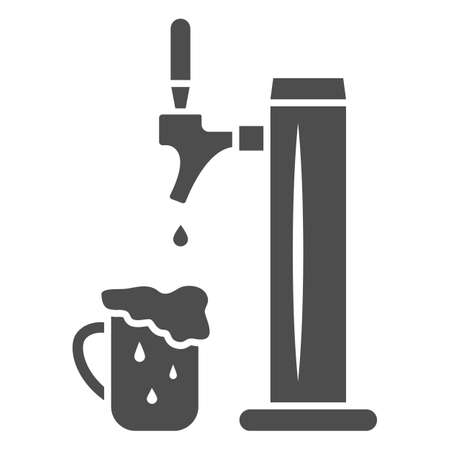 Beer tap with full mug with foam solid icon, Oktoberfest concept, pub equipment sign on white background, beer pump for bar icon in glyph style for mobile and web design. Vector graphics.のイラスト素材