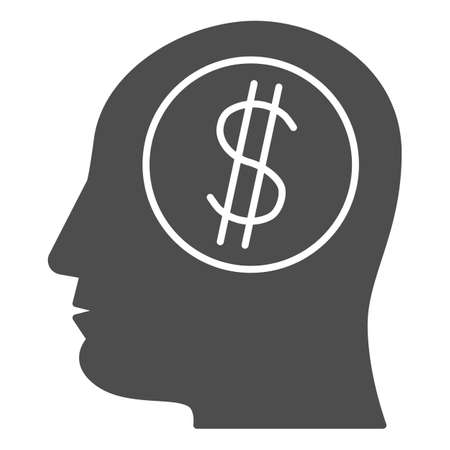 Dollar in human mind solid icon, finance concept, Thinking about money sign on white background, Business man head with dollar icon in glyph style for mobile, web design. Vector graphics.のイラスト素材