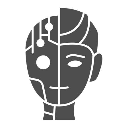 Robot man solid icon, Robotization concept, Neuro Interface sign on white background, Digital bionic cyborg face icon in glyph style for mobile concept and web design. Vector graphics.のイラスト素材