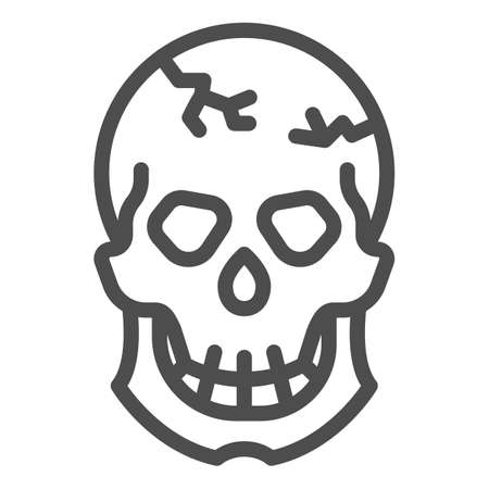 Skull with crack on forehead line icon, halloween concept, cracked skull sign on white background, dead head icon in outline style for mobile concept and web design. Vector graphics.のイラスト素材