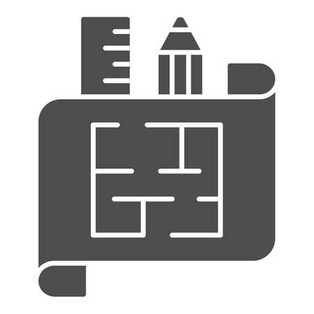 House plan on paper with ruler and pencil solid icon, interior design concept, architecture house plan sign on white background, house scheme icon in glyph style. Vector graphics.のイラスト素材