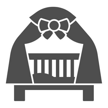 Baby cot with curtains solid icon, interior design concept, playpen sign on white background, crib with curtain icon in glyph style for mobile concept and web design. Vector graphics.のイラスト素材