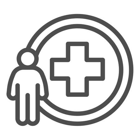 Man and medicine cross line icon, Medical concept, Person with hospital cross sign on white background, Medical center logo icon in outline style for mobile and web design. Vector graphics.のイラスト素材
