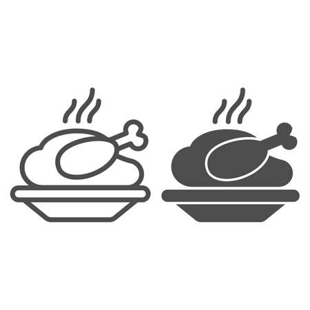 Grilled chicken in plate line and solid icon, Christmas concept, Chicken grill sign on white background, Baked turkey icon in outline style for mobile concept and web design. Vector graphics.のイラスト素材