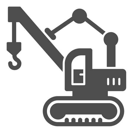 Excavator with crane and hook solid icon, heavy equipment concept, Lifting crane sign on white background, Excavator icon in glyph style for mobile concept and web design. Vector graphics.のイラスト素材