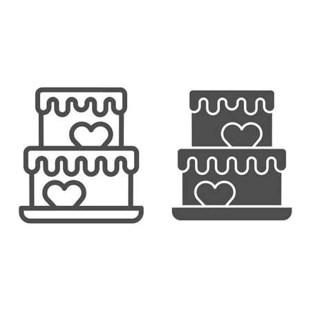 Two tiered cake with hearts line and solid icon, Birthday cupcake concept, wedding cake sign on white background, glazed festive souffle with decor icon in outline style. Vector graphics.のイラスト素材