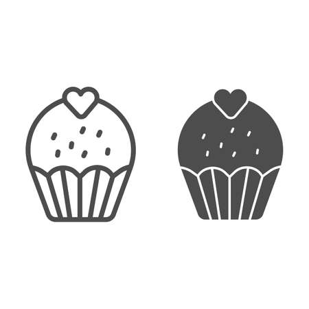 Cupcake with heart line and solid icon, Birthday cupcake concept, Sweet pastry sign on white background, Valentine day cup cake icon in outline style for mobile concept, web design. Vector graphics.のイラスト素材