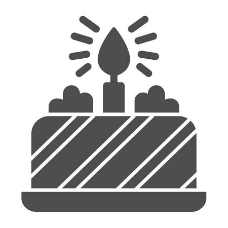 Cake with candle solid icon, Birthday cupcake concept, dessert with chocolate chips and candles sign on white background, Birthday cake icon in glyph style for mobile, web. Vector graphics.のイラスト素材
