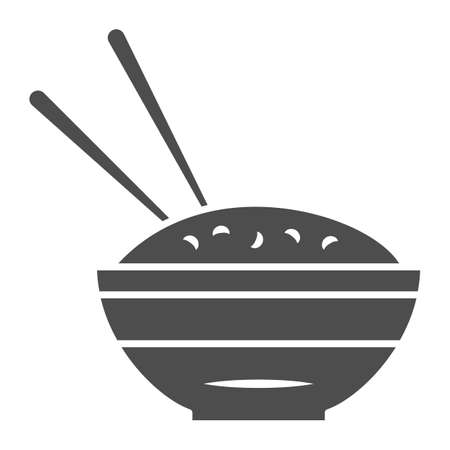 Rice bowl and chopsticks solid icon, chinese or japanese cuisine concept, plate of food sign on white background, meal and chopstick icon in glyph style for web design. Vector graphics.のイラスト素材