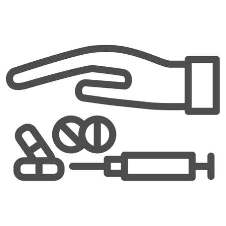 Hand over drugs line icon, life without addiction concept, anti drug sign on white background, do not touch drugs Narcotics icon in outline style for mobile concept. Vector graphics.のイラスト素材