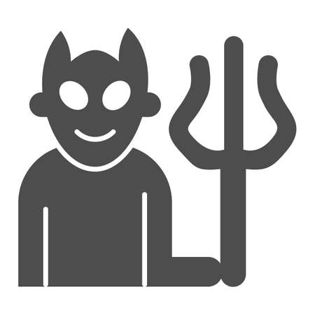 Devil with fork solid icon, halloween concept, demon with trident sign on white background, smiling satan icon in glyph style for mobile concept and web design. Vector graphics.のイラスト素材