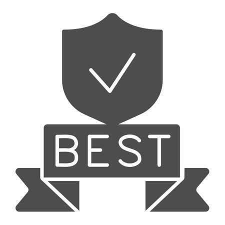 Best ribbon and checked shield solid icon, Black Friday concept, Tick mark approved award sign on white background, Quality guarantees icon in glyph style for mobile, web. Vector graphics.のイラスト素材