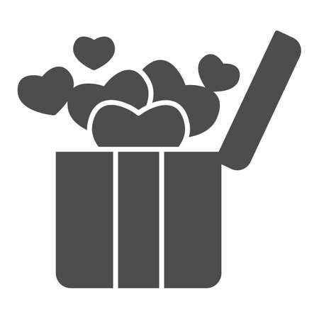 Surprise box with hearts solid icon, valentine day concept, open box with heart sign on white background, gift to loved one icon in glyph style for mobile concept. Vector graphics.のイラスト素材