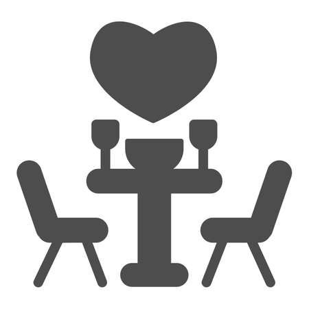 Date at a restaurant solid icon, valentine day concept, set table with chairs and heart sign on white background, romantic evening icon in glyph style for mobile concept. Vector graphics.のイラスト素材