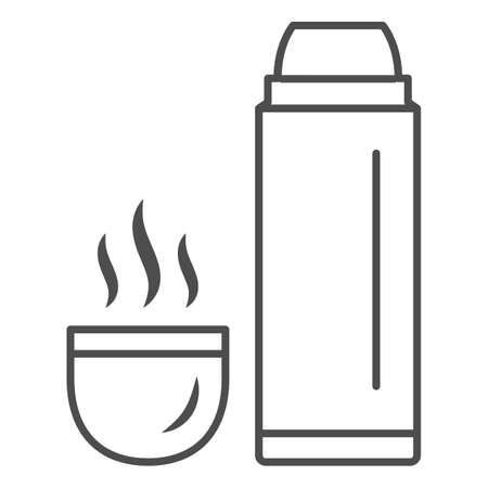 Vacuum flask and hot tea in mug thin line icon, World snowboard day concept, Vacuum Flask sign on white background, Vaccum Flask Bottle and cup with hot drink icon in outline style. Vector graphics.のイラスト素材