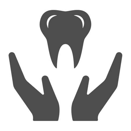 Tooth in hands solid icon, International dentist day concept, dental care sign on white background, Dentist holds tooth in hands icon in glyph style for mobile and web. Vector graphics.のイラスト素材