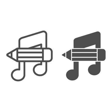 Music note with pencil line and solid icon, school concept, studying at music school sign on white background, note and pencil icon in glyph style for mobile and web. Vector graphics.のイラスト素材