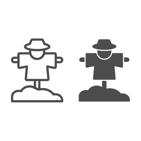 Scarecrow line and solid icon, farm garden concept, Scare Crow sign on white background, Silhouette of scarecrow on field icon in outline style for mobile concept and web design. Vector graphics.のイラスト素材