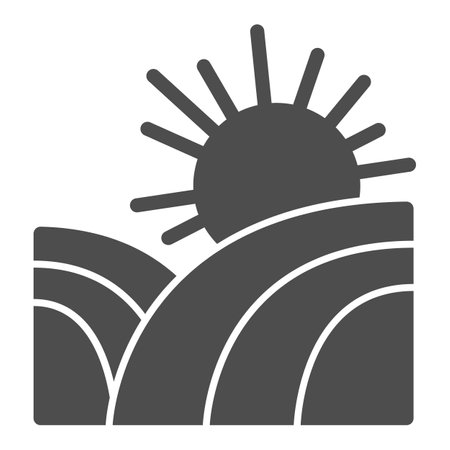 Field and sun solid icon, farm garden concept, sunrise sun on field sign on white background, Rural landscape icon in glyph style for mobile concept and web design. Vector graphics.のイラスト素材
