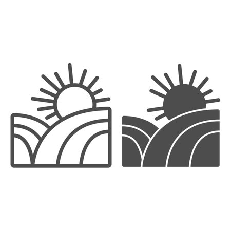 Field and sun line and solid icon, farm garden concept, sunrise sun on field sign on white background, Rural landscape icon in outline style for mobile concept and web design. Vector graphics.のイラスト素材