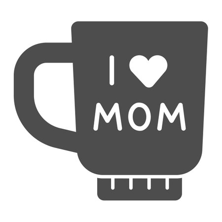 Cup with I love mother solid icon, Mother day concept, mothers day coffee cup sign on white background, hot beverage icon in glyph style for mobile concept and web design. Vector graphics.のイラスト素材
