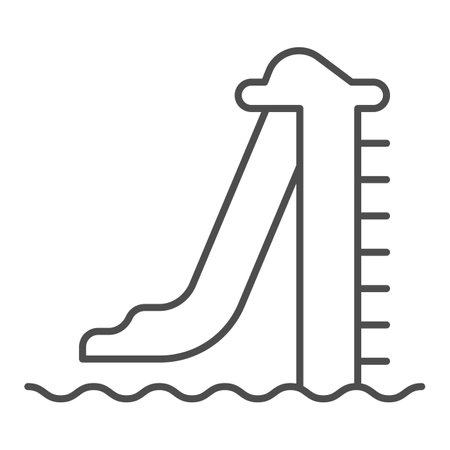 Slide with ladder for launching into water thin line icon, waterpark concept, Water slide sign on white background, water attraction with ladder icon in outline style. Vector graphics.のイラスト素材