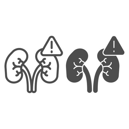 Exclamation point and kidney problems line and solid icon, disability concept, kidney failure sign on white background, kidney disease icon in outline style. Vector graphicsのイラスト素材