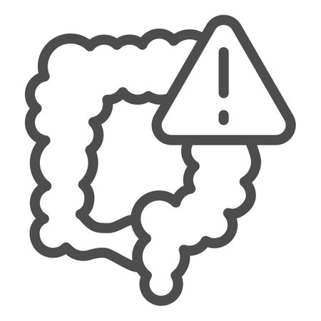 Intestine with axclamation mark line icon, human internal organs concept, digestive system sign on white background, intestines icon in outline style. Vector graphics.のイラスト素材