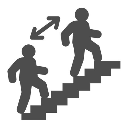 Distance between two people on staircase solid icon, social distancing concept, prevention in public place sign on white background, Man keep distance on stairs icon in glyph style. Vector.のイラスト素材