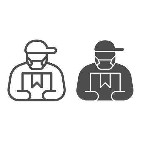Courier in cap and mask with box line and solid icon, social distancing concept, Safe delivery sign on white background, Delivery of goods during coronavirus icon in outline style. Vector graphicsのイラスト素材