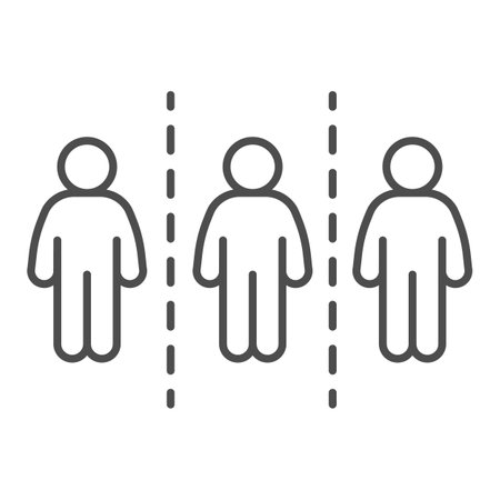 Three people with line separator thin line icon, social distancing concept, Distance limitation between three people sign on white background, avoid gathering icon in outline style. Vectorのイラスト素材