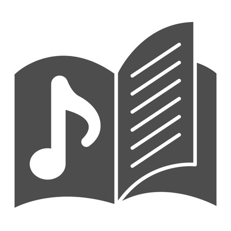 Notebook with musical symbols solid icon, education concept, notebook music sign on white background, music book with note icon in glyph style. Vector graphics.のイラスト素材