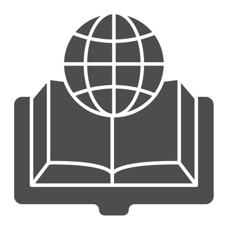 Book and globe solid icon, education concept, globe earth planet and books sign on white background, globe on the open book icon in glyph style. Vector graphics.のイラスト素材