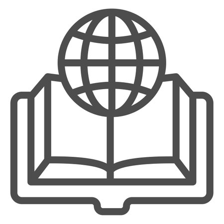Book and globe line icon, education concept, globe earth planet and books sign on white background, globe on the open book icon in outline style. Vector graphics.のイラスト素材