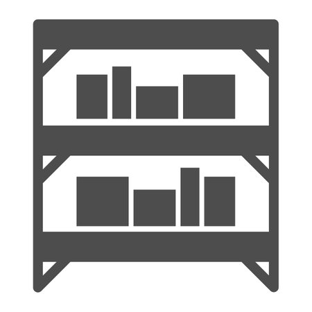 Shelves with boxes, warehouse solid icon, shopping concept, metallic shelves with cartoon boxes sign on white background, box warehouse icon in glyph style. Vector graphics.のイラスト素材