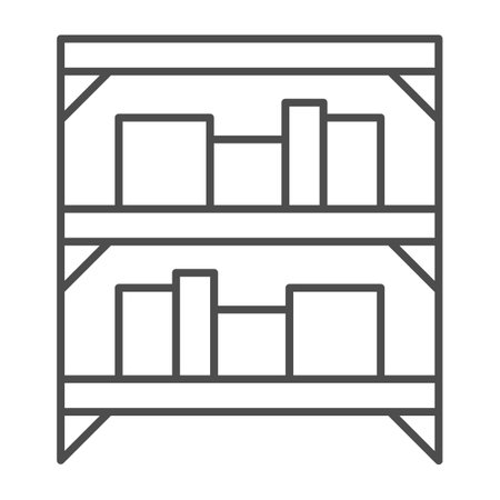 Shelves with boxes, warehouse thin line icon, shopping concept, metallic shelves with cartoon boxes sign on white background, box warehouse icon in outline style. Vector graphics.のイラスト素材