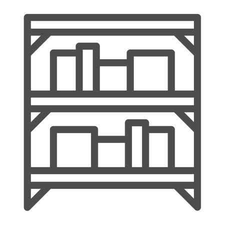 Shelves with boxes, warehouse line icon, shopping concept, metallic shelves with cartoon boxes sign on white background, box warehouse icon in outline style. Vector graphics.のイラスト素材