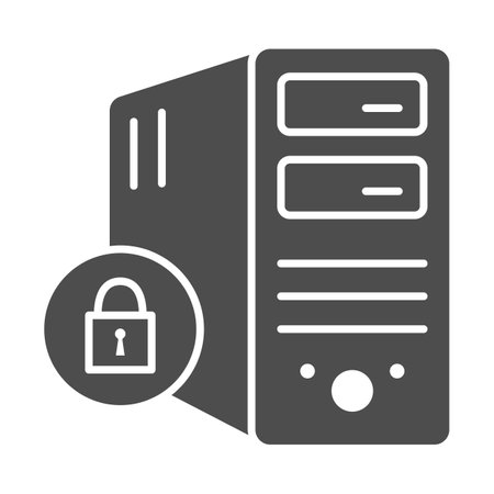 Computer and lock solid icon, Black bookkeeping concept, Closed server sign on white background, Server security with closed padlock icon in glyph style. Vector graphics.のイラスト素材
