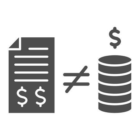 Contract with money and inequality sign solid icon, Black bookkeeping concept, Mismatch of money in report sign on white background, inequality in bookkeeping icon in glyph style. Vector.のイラスト素材