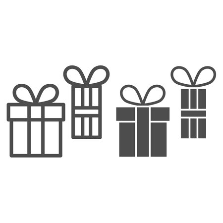 Two Gifts line and solid icon, Black bookkeeping concept, two gift boxes sign on white background, present box icon in outline style for mobile concept and web design. Vector graphics.のイラスト素材