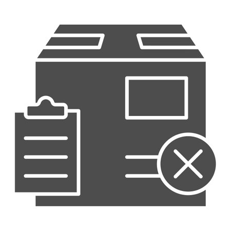 Parcel box with report and cross solid icon, Black bookkeeping concept, Fake delivery sign on white background, unpack cardboard box icon in glyph style for mobile and web. Vector graphics.のイラスト素材