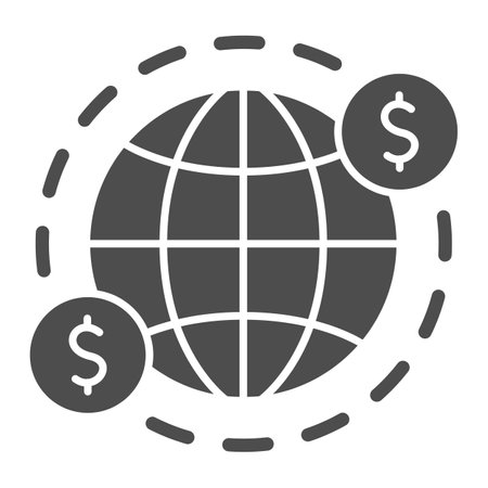 Earth and US Dollars Symbol solid icon, Black bookkeeping concept, cash offshore sign on white background, International currency money transfers icon in glyph style. Vector graphics.のイラスト素材